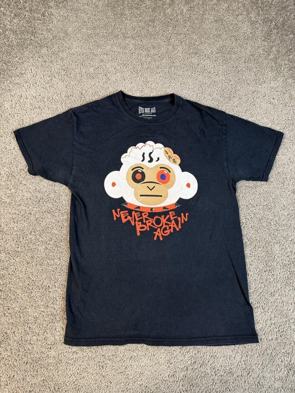 Never Broke Again Shirt Mens M Black Monkey Graphic Crew Neck Cotton Tagless